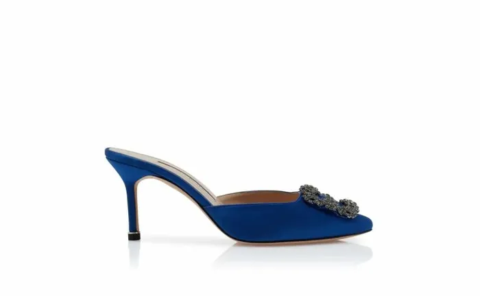 Women Blue Satin Jewel Buckle Mules Manolo Blahnik Mules