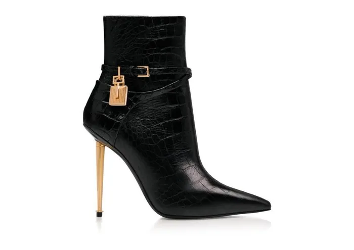 Women Boots Tom Ford Shiny Stamped Crocodile Leather Padlock Ankle Boot Black