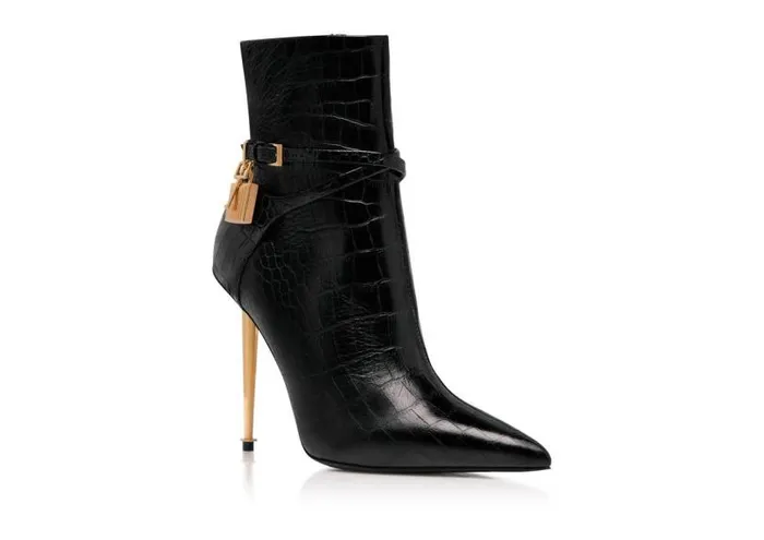 Women Boots Tom Ford Shiny Stamped Crocodile Leather Padlock Ankle Boot Black