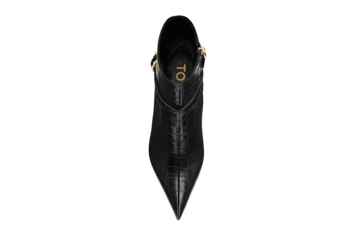 Women Boots Tom Ford Shiny Stamped Crocodile Leather Padlock Ankle Boot Black