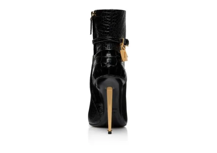 Women Boots Tom Ford Shiny Stamped Crocodile Leather Padlock Ankle Boot Black