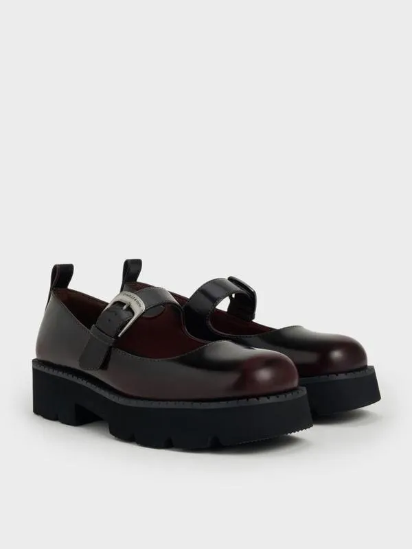 Women Buckled RidgedSole Chunky Mary Janes 8211 Burgundy CHARLES and KEITH Flats