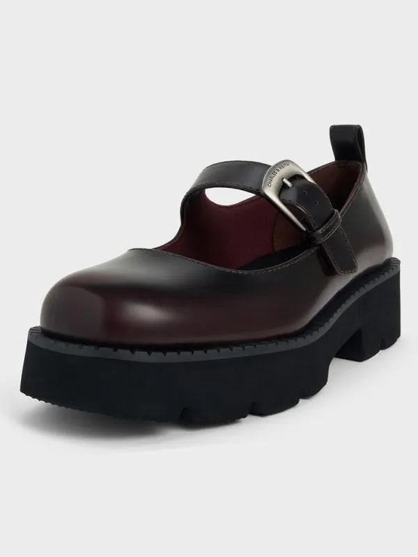 Women Buckled RidgedSole Chunky Mary Janes 8211 Burgundy CHARLES and KEITH Flats