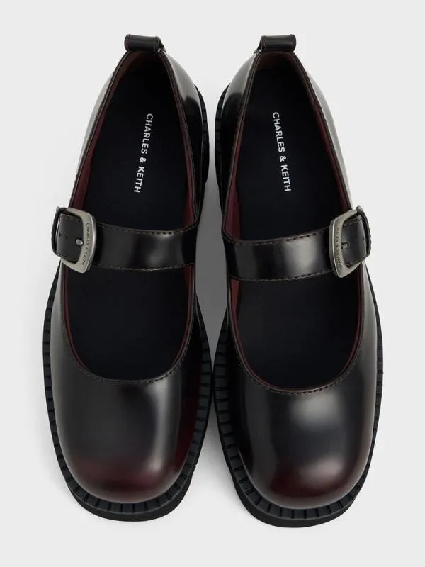 Women Buckled RidgedSole Chunky Mary Janes 8211 Burgundy CHARLES and KEITH Flats
