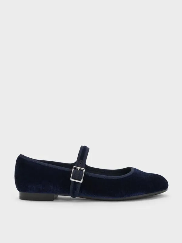 Women Carmel Velvet Buckled Mary Jane Flats 8211 Dark Blue CHARLES and KEITH Ballet Flats