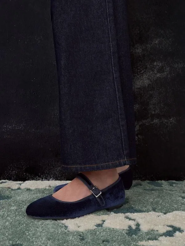 Women Carmel Velvet Buckled Mary Jane Flats 8211 Dark Blue CHARLES and KEITH Ballet Flats