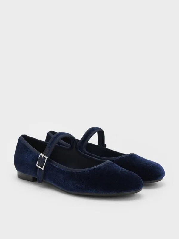 Women Carmel Velvet Buckled Mary Jane Flats 8211 Dark Blue CHARLES and KEITH Ballet Flats