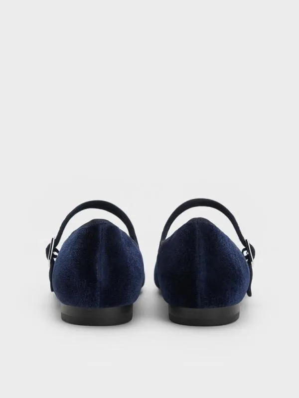 Women Carmel Velvet Buckled Mary Jane Flats 8211 Dark Blue CHARLES and KEITH Ballet Flats