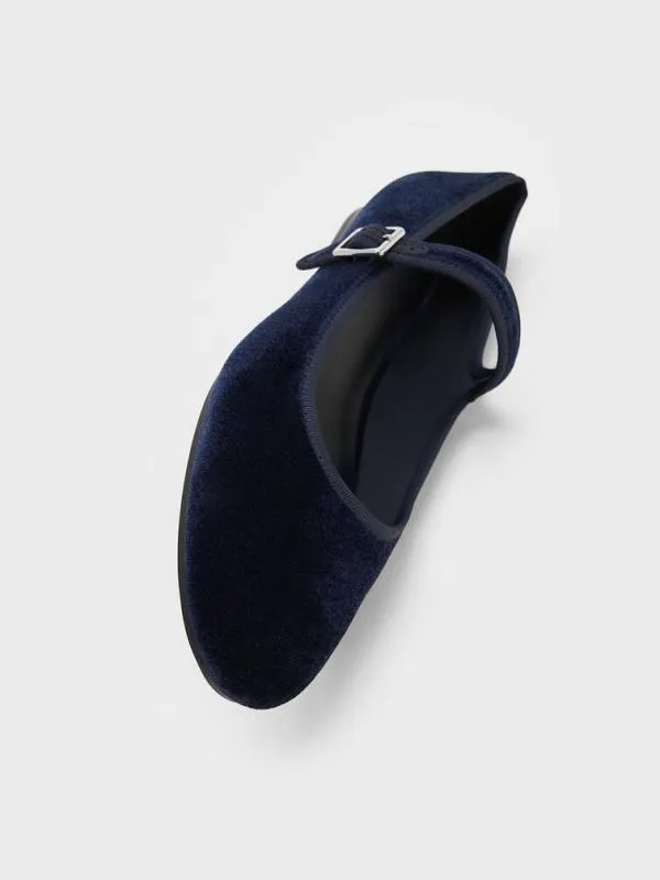 Women Carmel Velvet Buckled Mary Jane Flats 8211 Dark Blue CHARLES and KEITH Ballet Flats