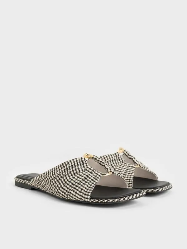 Women Checkered Ruched OvalAccent Slide Sandals 8211 Multi CHARLES and KEITH Sandals