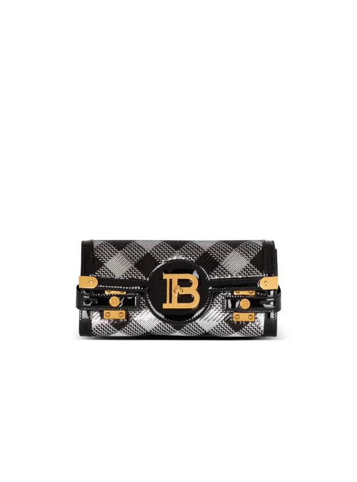 Women Clutches Balmain BBuzz Pouch 23 With Gingham Sequins And Patent Leather Black