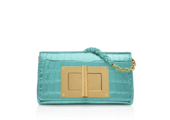 Women Clutches Tom Ford Metallic Stamped Leather Natalia Mini Bag Lagoon