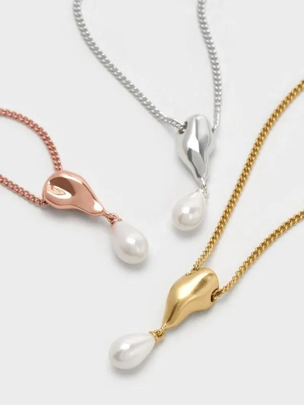 Women Corrine Teardrop Pearl Necklace 8211 Brush Gold CHARLES and KEITH Necklaces Women Corrine Teardrop Pearl Necklace 8211 Brush Gold CHARLES and KEITH Necklaces