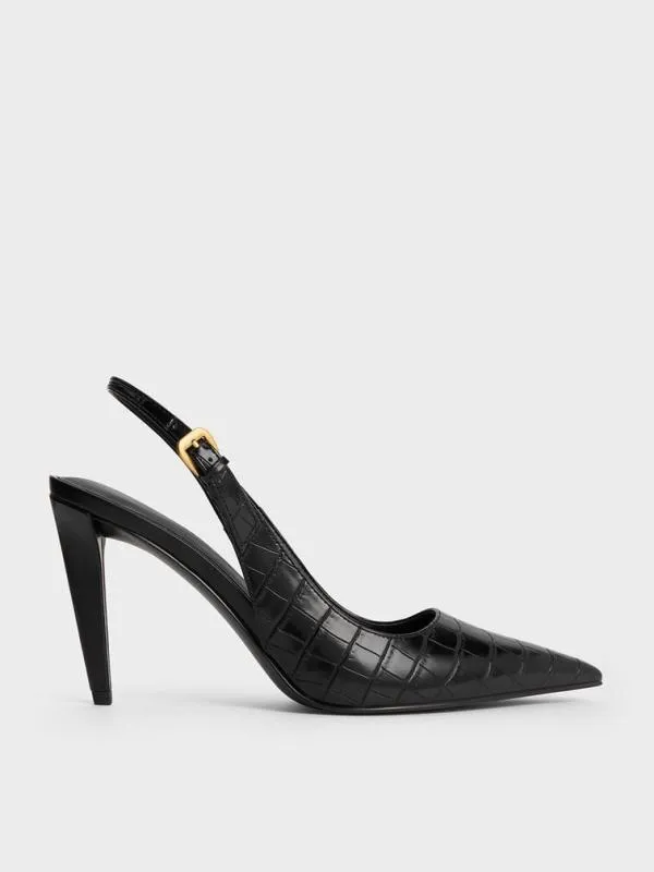 Women CrocEffect ConeHeel PointedToe Pumps 8211 Animal Print Black CHARLES and KEITH Heels Women CrocEffect ConeHeel PointedToe Pumps 8211 Animal Print Black CHARLES and KEITH Heels