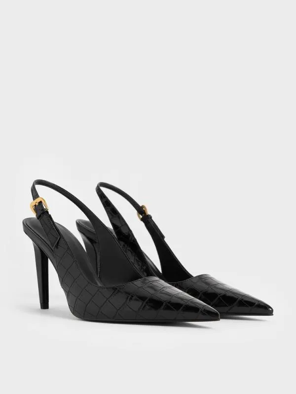 Women CrocEffect ConeHeel PointedToe Pumps 8211 Animal Print Black CHARLES and KEITH Heels