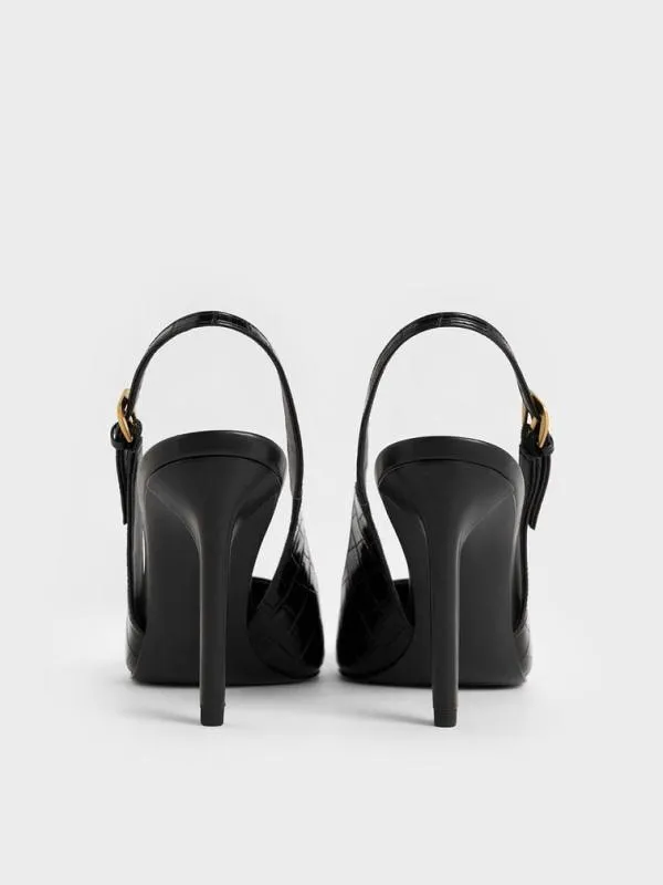 Women CrocEffect ConeHeel PointedToe Pumps 8211 Animal Print Black CHARLES and KEITH Heels