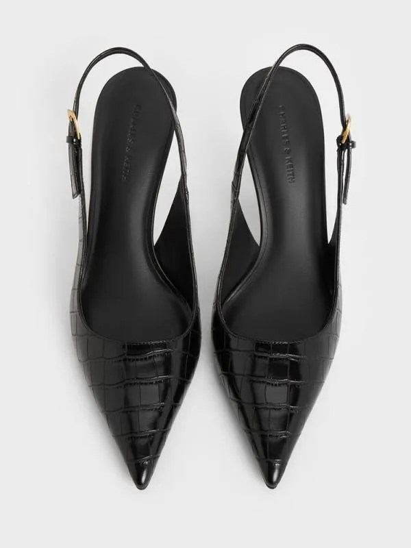 Women CrocEffect ConeHeel PointedToe Pumps 8211 Animal Print Black CHARLES and KEITH Heels