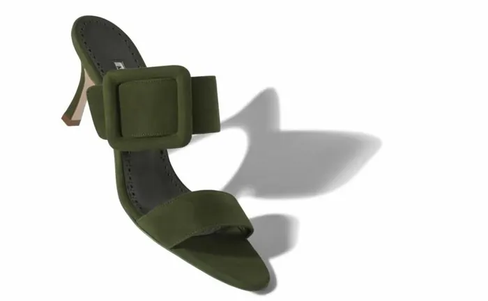 Women Dark Khaki Green Suede Open Toe Mules Manolo Blahnik Mules