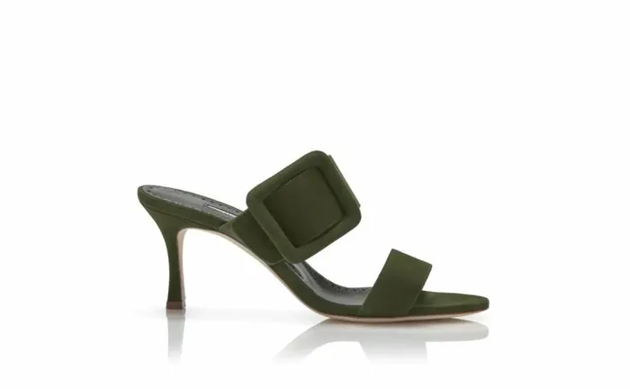 Women Dark Khaki Green Suede Open Toe Mules Manolo Blahnik Mules