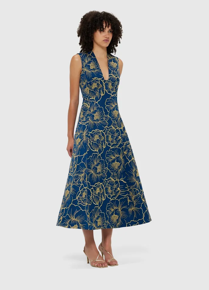 Women Dresses and Jumpsuits LEO LIN Nicola V Neck Midi Dress 8211 Marine Blue