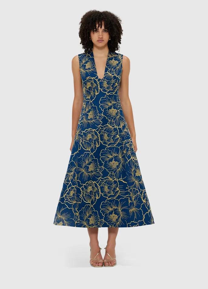 Women Dresses and Jumpsuits LEO LIN Nicola V Neck Midi Dress 8211 Marine Blue