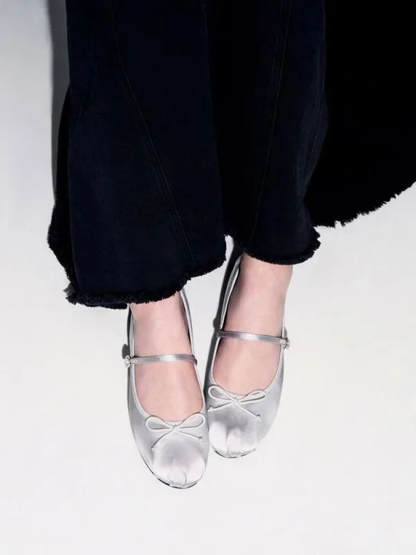 Women Emiko Satin Bow Mary Jane Flats 8211 Silver CHARLES and KEITH Ballet Flats