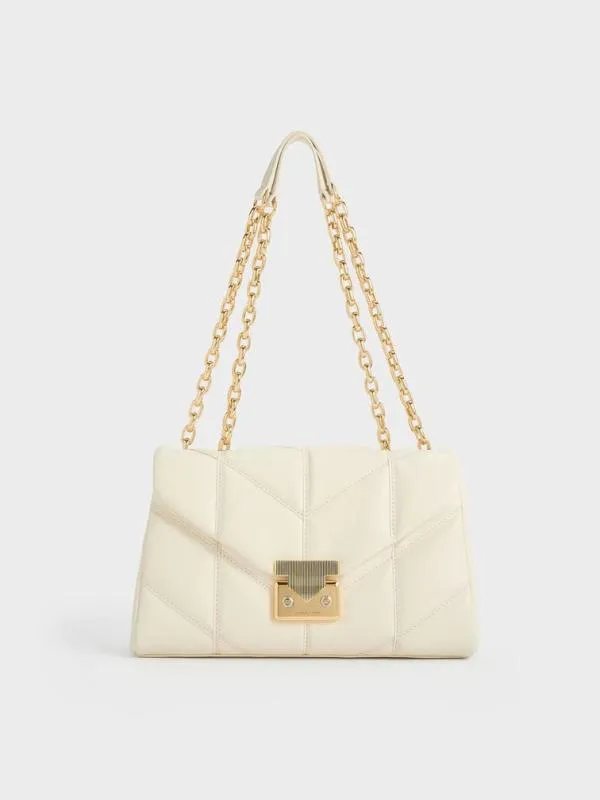 Women Eudora Chevron Trapeze Bag 8211 Cream CHARLES and KEITH Shoulder Bags