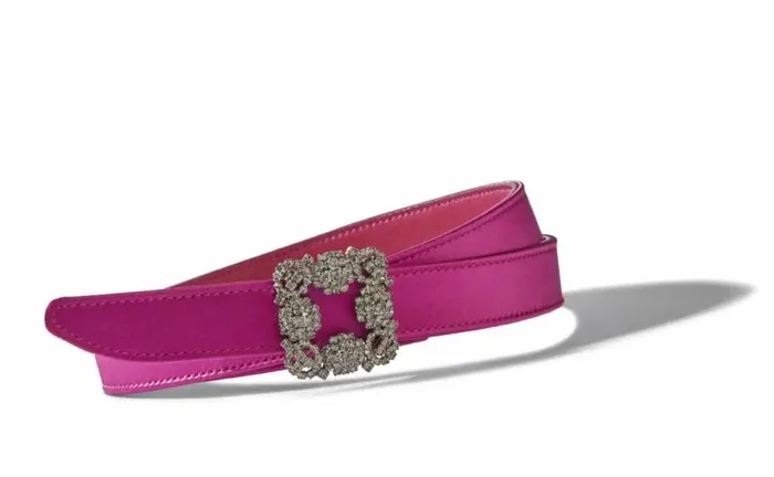 Women Fuchsia Satin Crystal Buckled Belt Manolo Blahnik Belts