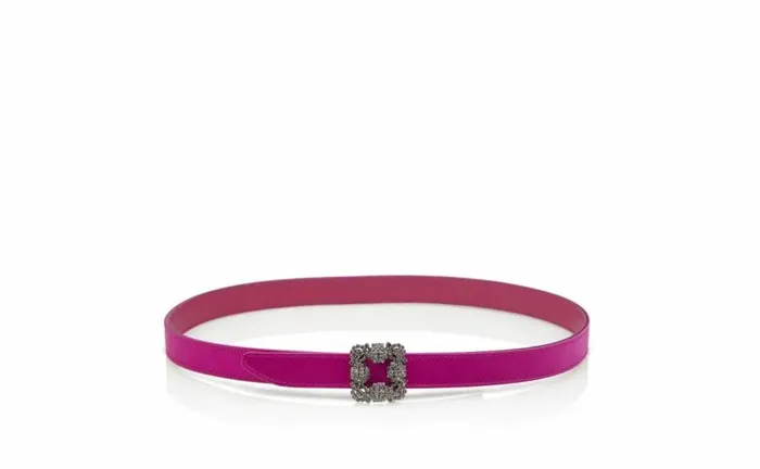 Women Fuchsia Satin Crystal Buckled Belt Manolo Blahnik Belts