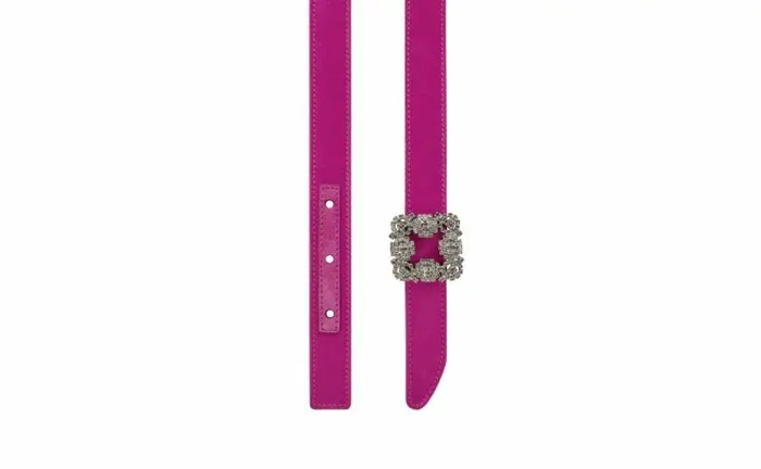 Women Fuchsia Satin Crystal Buckled Belt Manolo Blahnik Belts