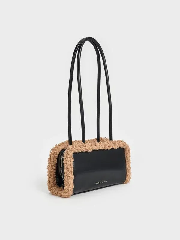 Women FurTrim ElongatedHandle Shoulder Bag 8211 Camel CHARLES and KEITH Shoulder Bags