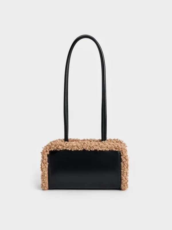 Women FurTrim ElongatedHandle Shoulder Bag 8211 Camel CHARLES and KEITH Shoulder Bags
