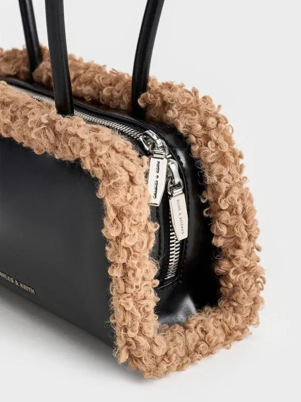 Women FurTrim ElongatedHandle Shoulder Bag 8211 Camel CHARLES and KEITH Shoulder Bags