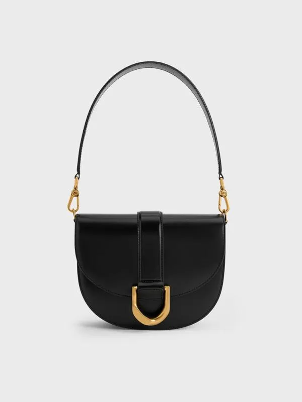 Women Gabine Leather Saddle Bag 8211 Black CHARLES and KEITH Crossbody Bags