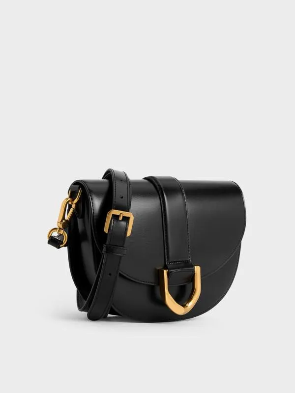 Women Gabine Leather Saddle Bag 8211 Black CHARLES and KEITH Crossbody Bags