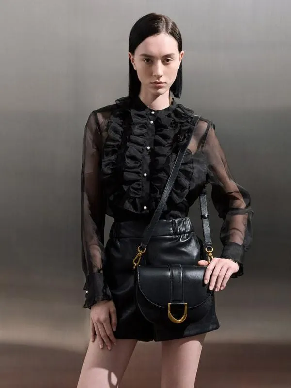 Women Gabine Leather Saddle Bag 8211 Black CHARLES and KEITH Crossbody Bags
