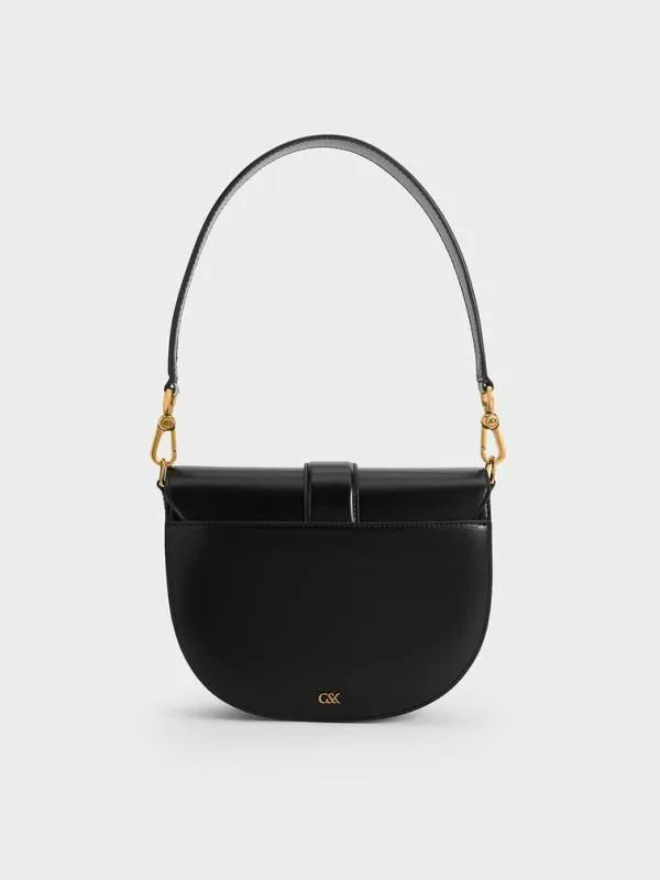Women Gabine Leather Saddle Bag 8211 Black CHARLES and KEITH Crossbody Bags