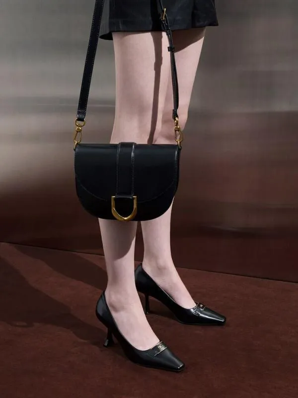 Women Gabine Leather Saddle Bag 8211 Black CHARLES and KEITH Crossbody Bags