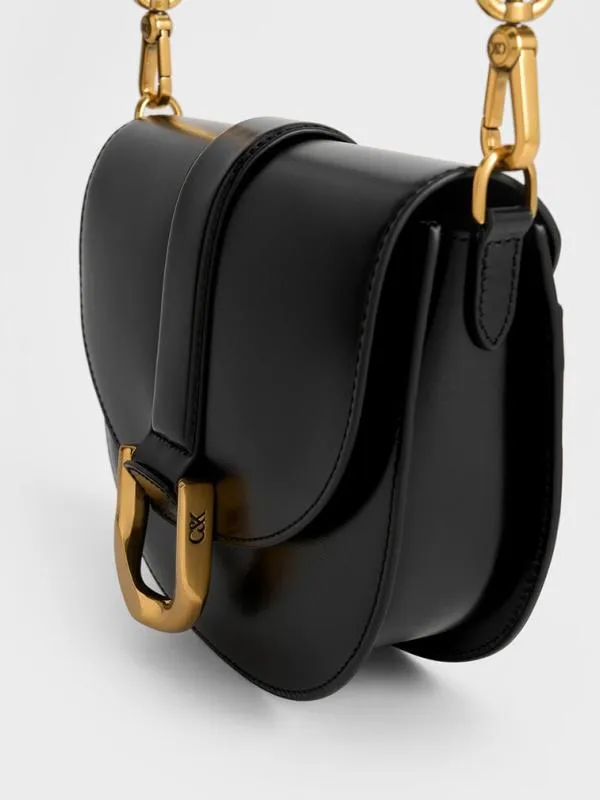 Women Gabine Leather Saddle Bag 8211 Black CHARLES and KEITH Crossbody Bags
