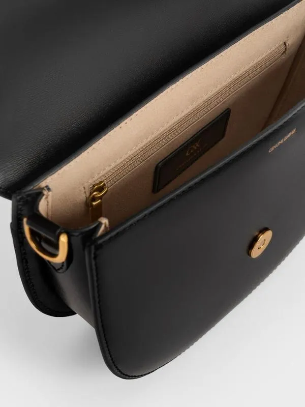 Women Gabine Leather Saddle Bag 8211 Black CHARLES and KEITH Crossbody Bags