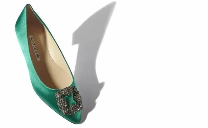 Women Green Satin Jewel Buckle Flat Pumps Manolo Blahnik Flats