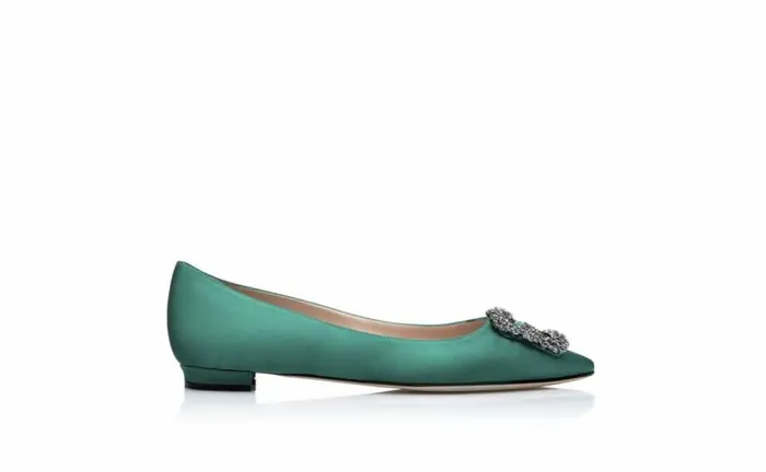 Women Green Satin Jewel Buckle Flat Pumps Manolo Blahnik Flats