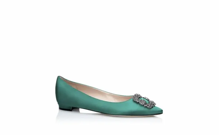 Women Green Satin Jewel Buckle Flat Pumps Manolo Blahnik Flats