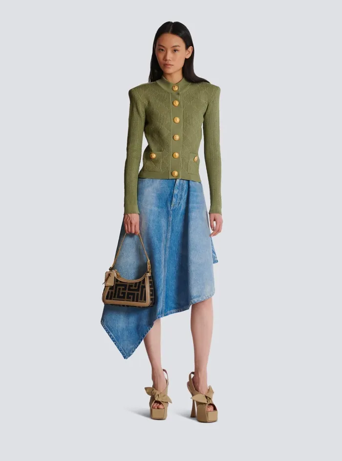 Women Knitwear Balmain Gingham Openwork Knit Cardigan Green