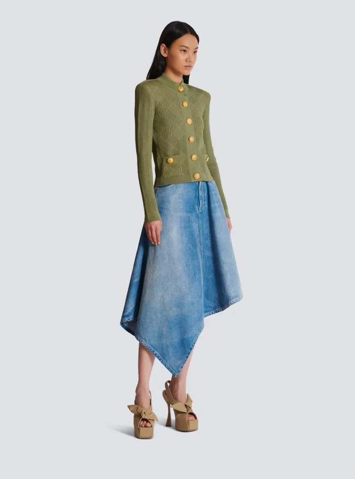 Women Knitwear Balmain Gingham Openwork Knit Cardigan Green