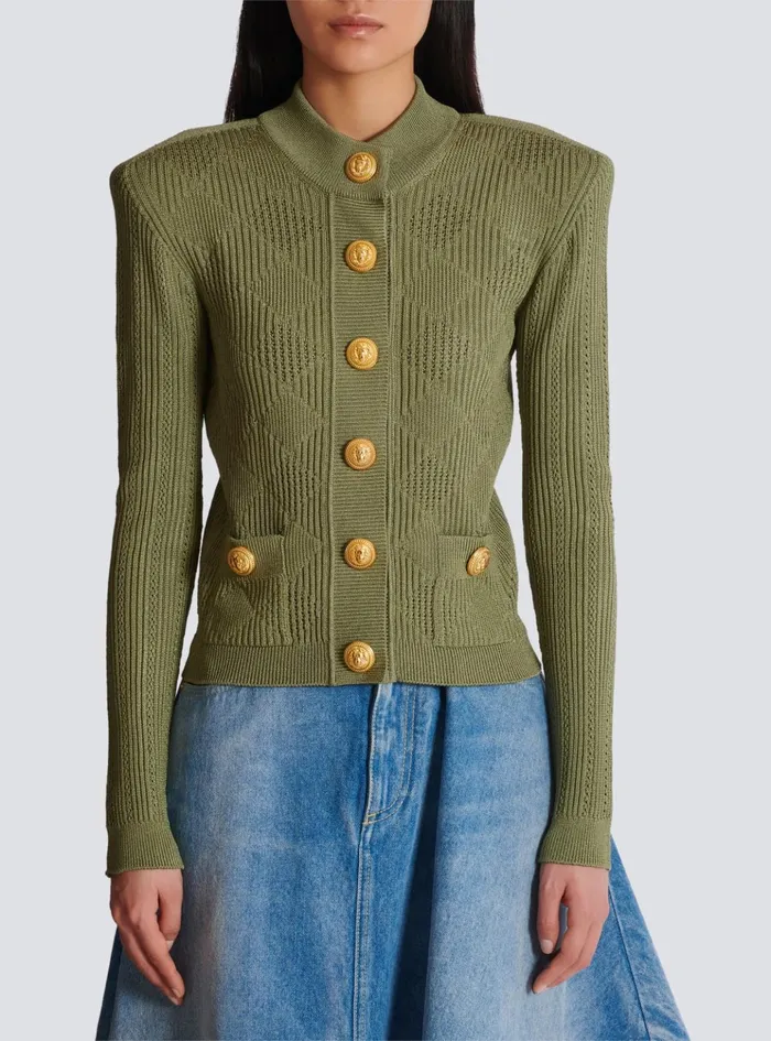 Women Knitwear Balmain Gingham Openwork Knit Cardigan Green