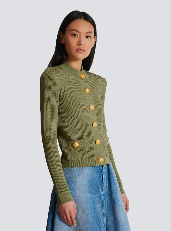 Women Knitwear Balmain Gingham Openwork Knit Cardigan Green