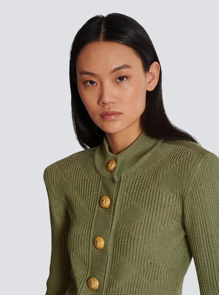 Women Knitwear Balmain Gingham Openwork Knit Cardigan Green