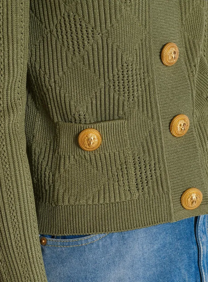 Women Knitwear Balmain Gingham Openwork Knit Cardigan Green