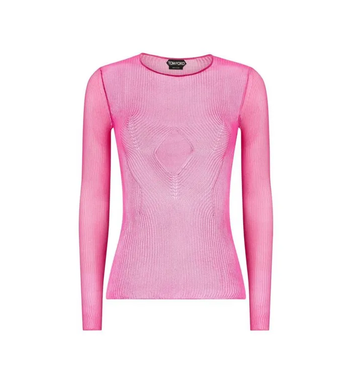Women Knitwear Tom Ford Fine Silk Rib Crewneck Top Carmine Rose